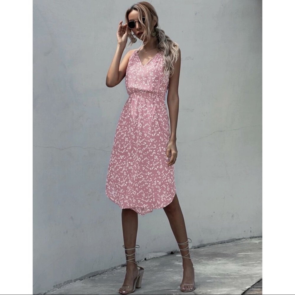 SOLD All Over Print Curved Hem Came Dress - Pink